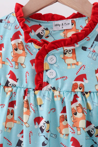 Bluey Christmas Twirl Dress – Festive Girls Holiday Gown with Red Ruffle Trim - Blue Marc
