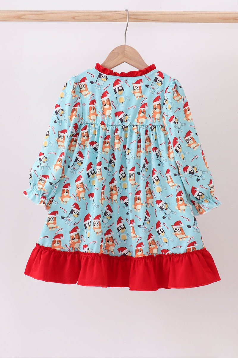 Bluey Christmas Twirl Dress – Festive Girls Holiday Gown with Red Ruffle Trim - Blue Marc
