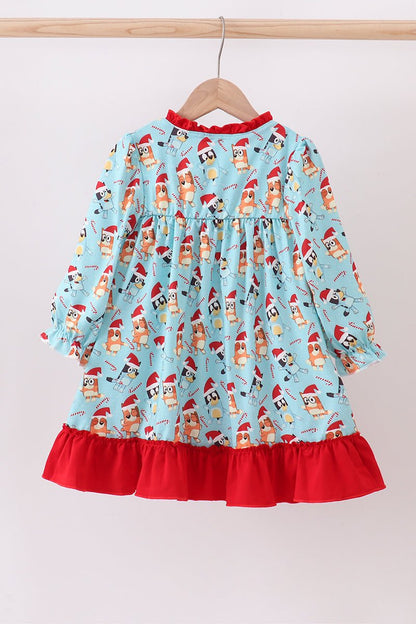Bluey Christmas Twirl Dress – Festive Girls Holiday Gown with Red Ruffle Trim - Blue Marc