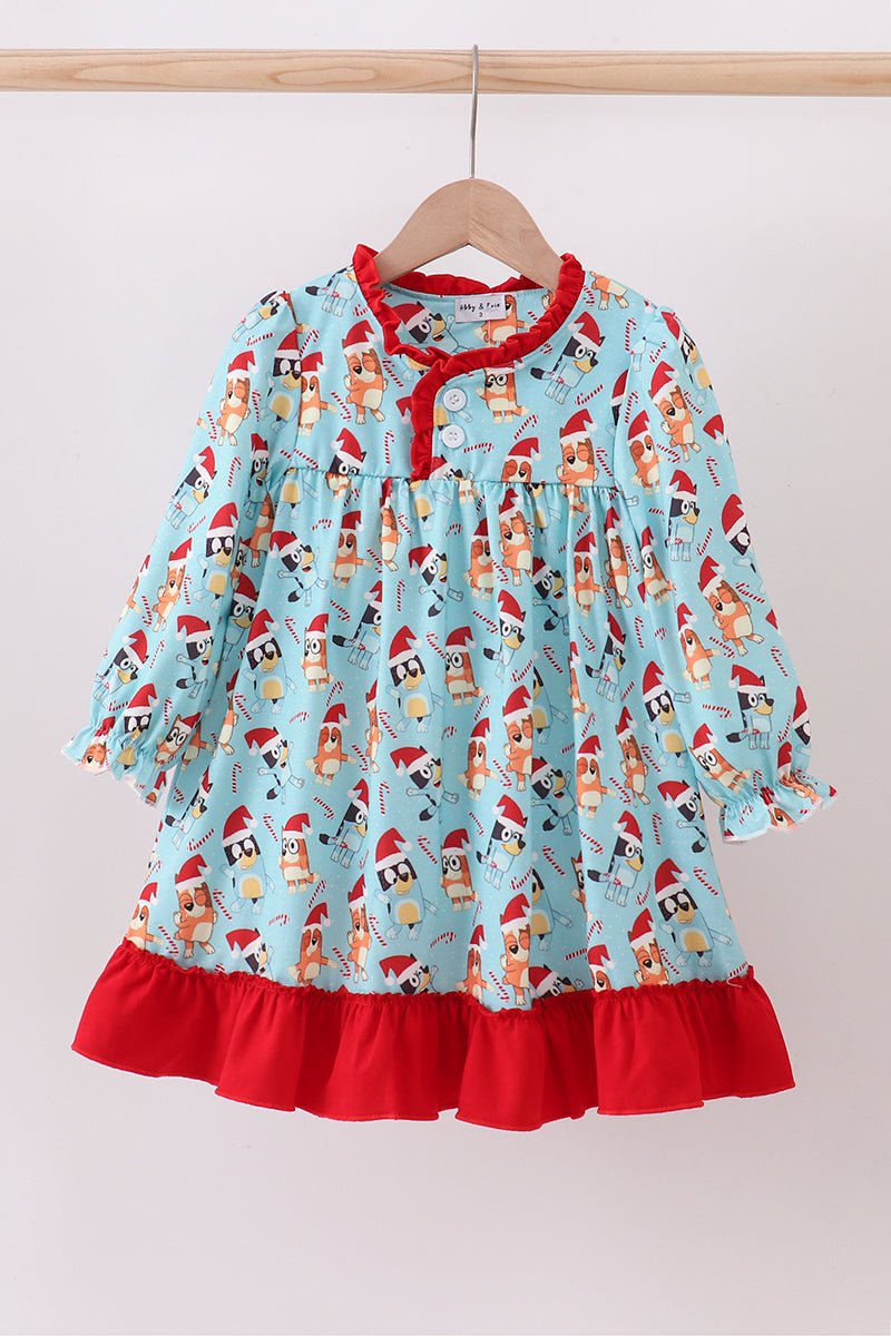 Bluey Christmas Twirl Dress – Festive Girls Holiday Gown with Red Ruffle Trim - Blue Marc