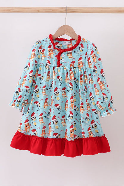 Bluey Christmas Twirl Dress – Festive Girls Holiday Gown with Red Ruffle Trim - Blue Marc