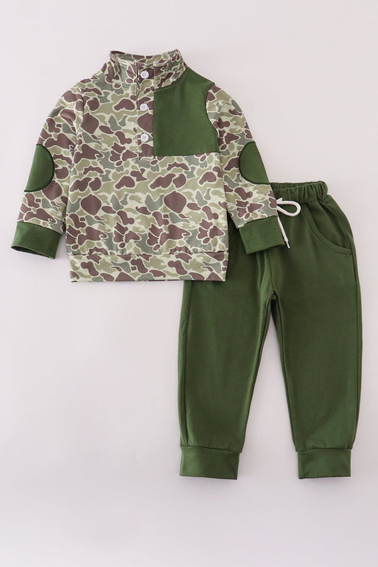 Boys Camo Hunting Dog Pullover Set – Outdoor Fall Outfit - Blue Marc