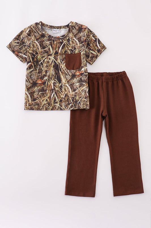 Boys Camo T-Shirt & Brown Pants Set - Blue Marc