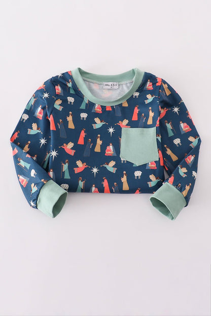 Boys Christmas Nativity Pajama Set – Soft Holiday Two - Piece - Blue Marc