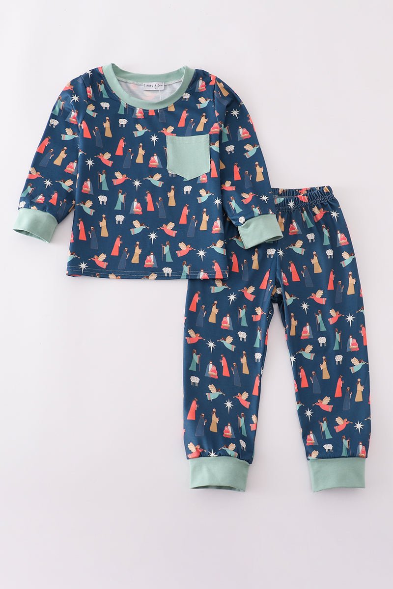 Boys Christmas Nativity Pajama Set – Soft Holiday Two - Piece - Blue Marc
