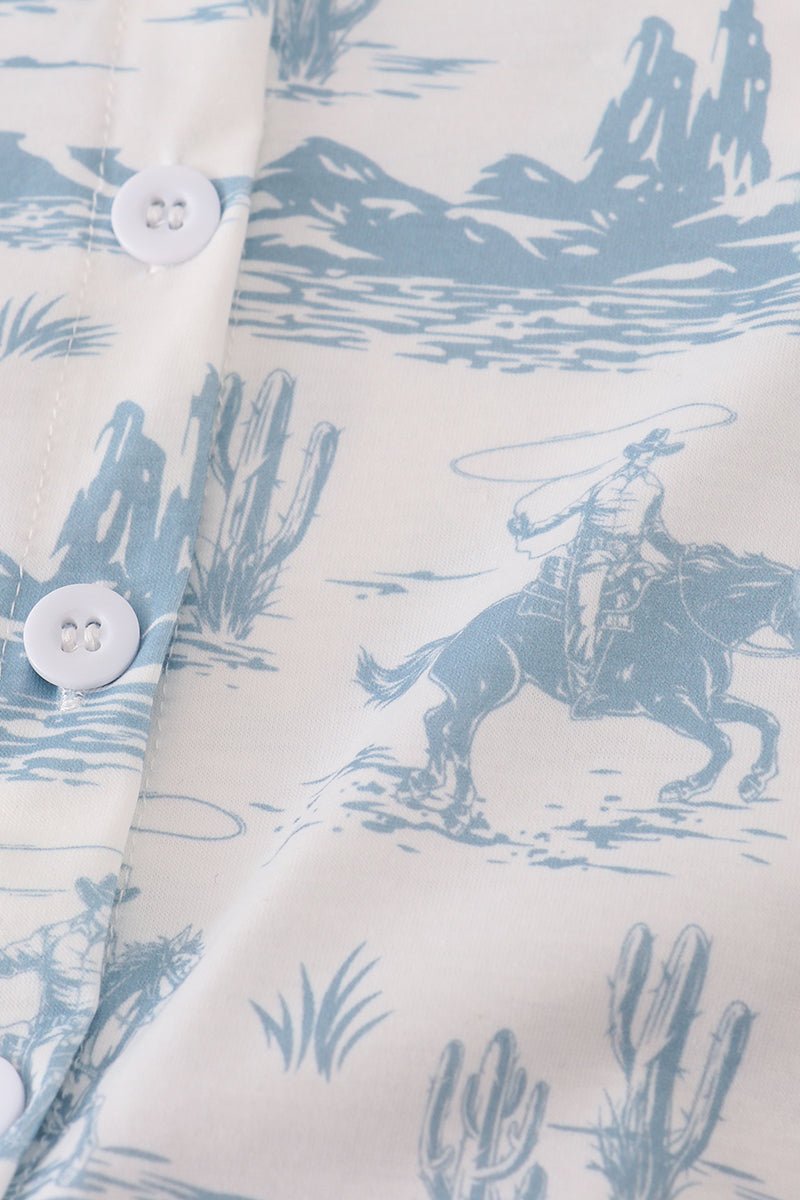 Boys Cowboy Desert Print Shirt – Western Blue Button - Up - Blue Marc