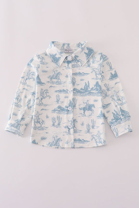 Boys Cowboy Desert Print Shirt – Western Blue Button - Up - Blue Marc