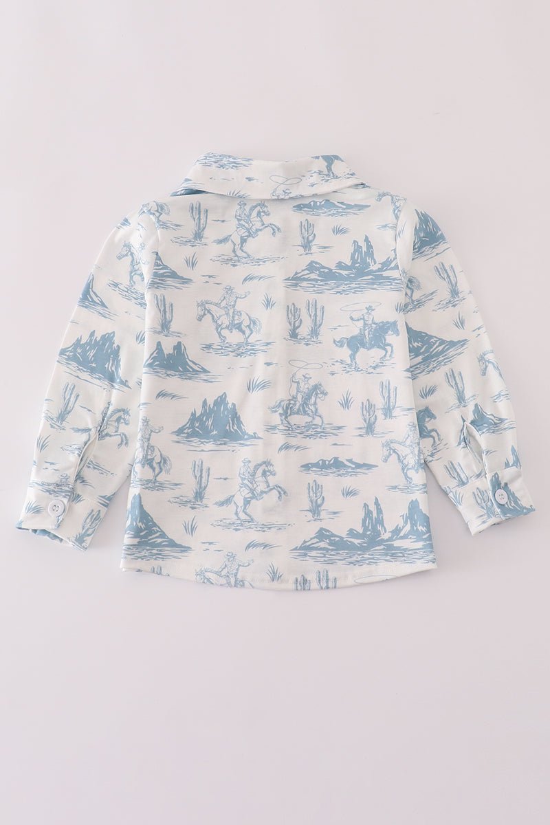 Boys Cowboy Desert Print Shirt – Western Blue Button - Up - Blue Marc