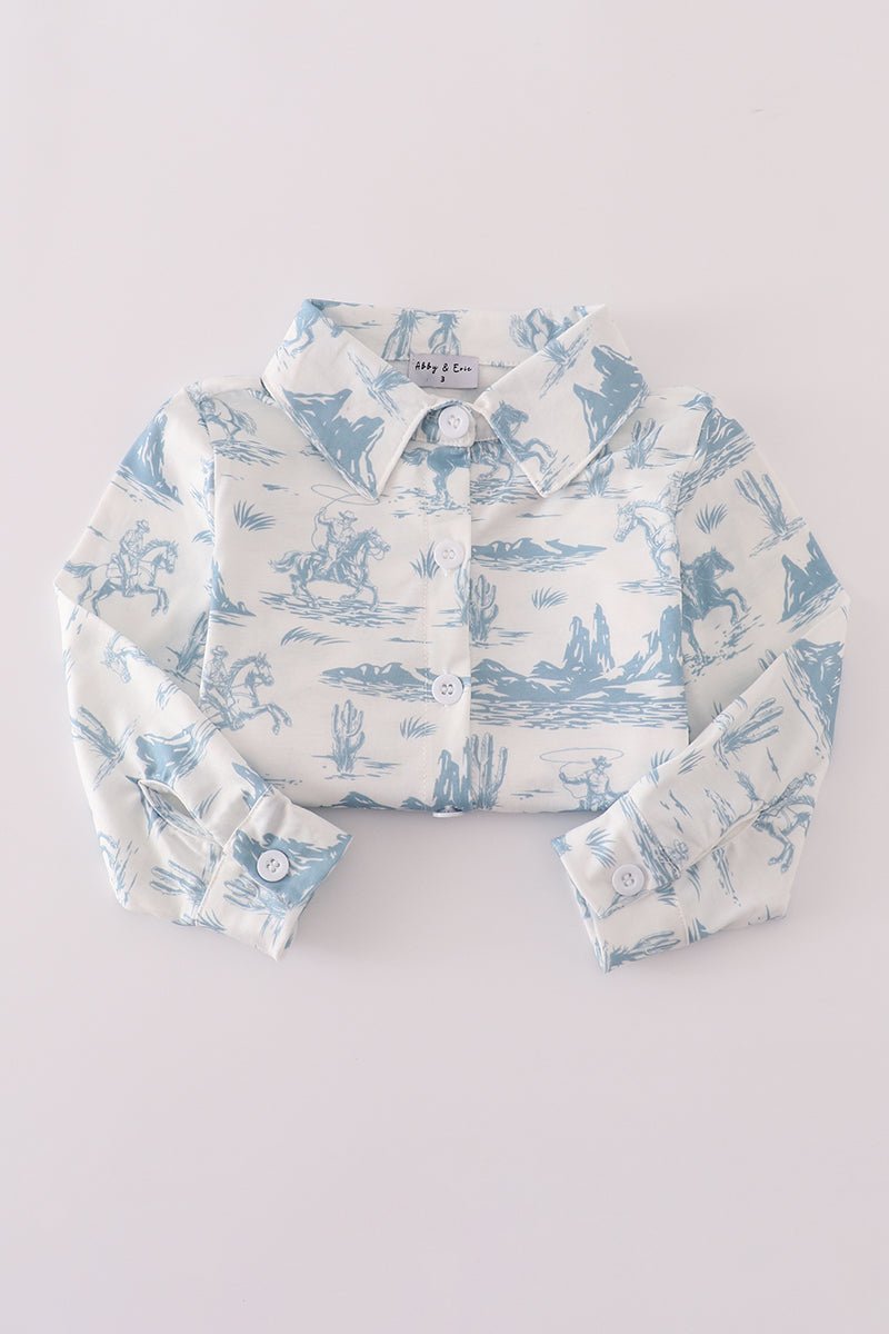 Boys Cowboy Desert Print Shirt – Western Blue Button - Up - Blue Marc