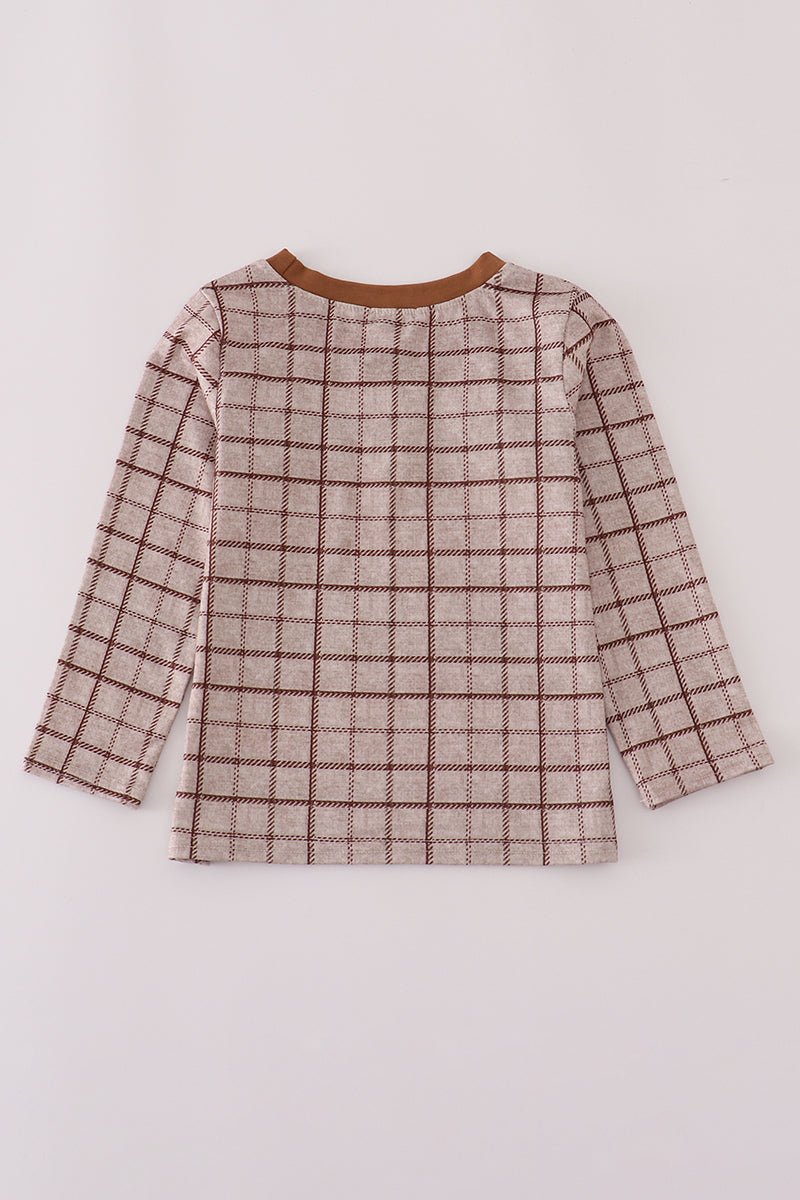 Boys Fall Grid Pocket Tee – Neutral Plaid Shirt - Blue Marc