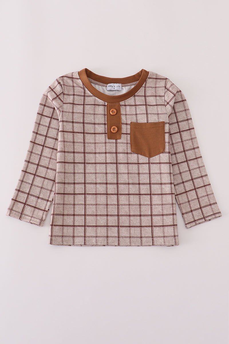 Boys Fall Grid Pocket Tee – Neutral Plaid Shirt - Blue Marc