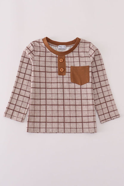 Boys Fall Grid Pocket Tee – Neutral Plaid Shirt - Blue Marc