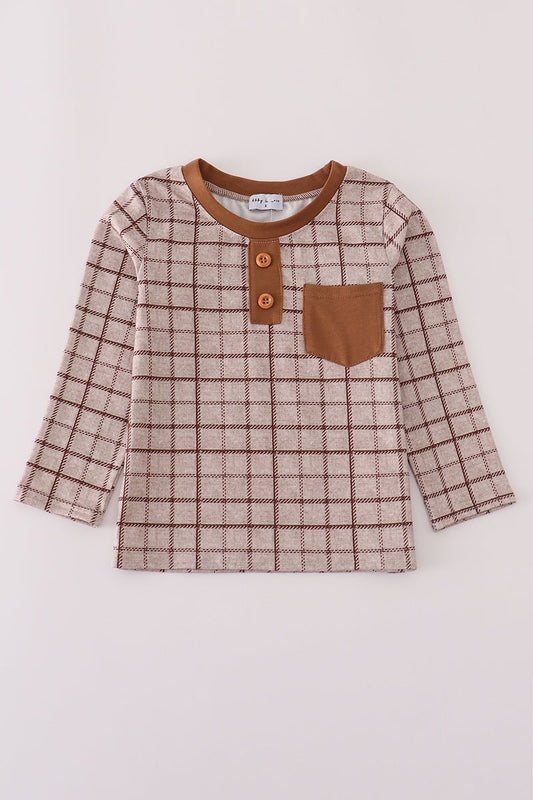 Boys Fall Grid Pocket Tee – Neutral Plaid Shirt - Blue Marc