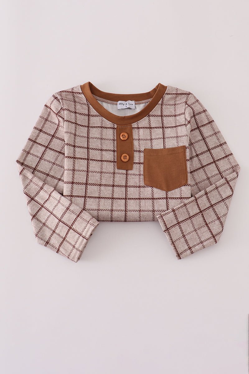 Boys Fall Grid Pocket Tee – Neutral Plaid Shirt - Blue Marc