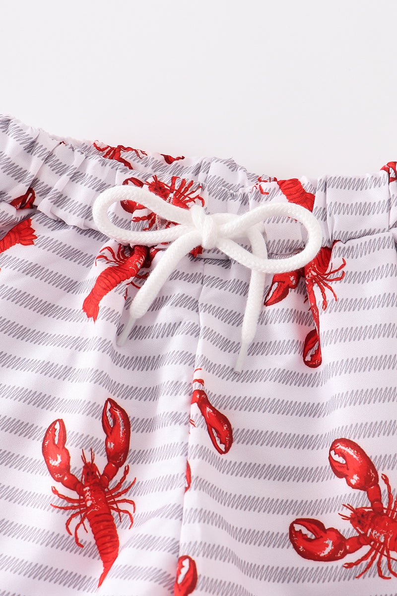 🦞 Boys' Lobster Swim Trunks – Red Lobster Print on Gray & White Striped Shorts - Blue Marc
