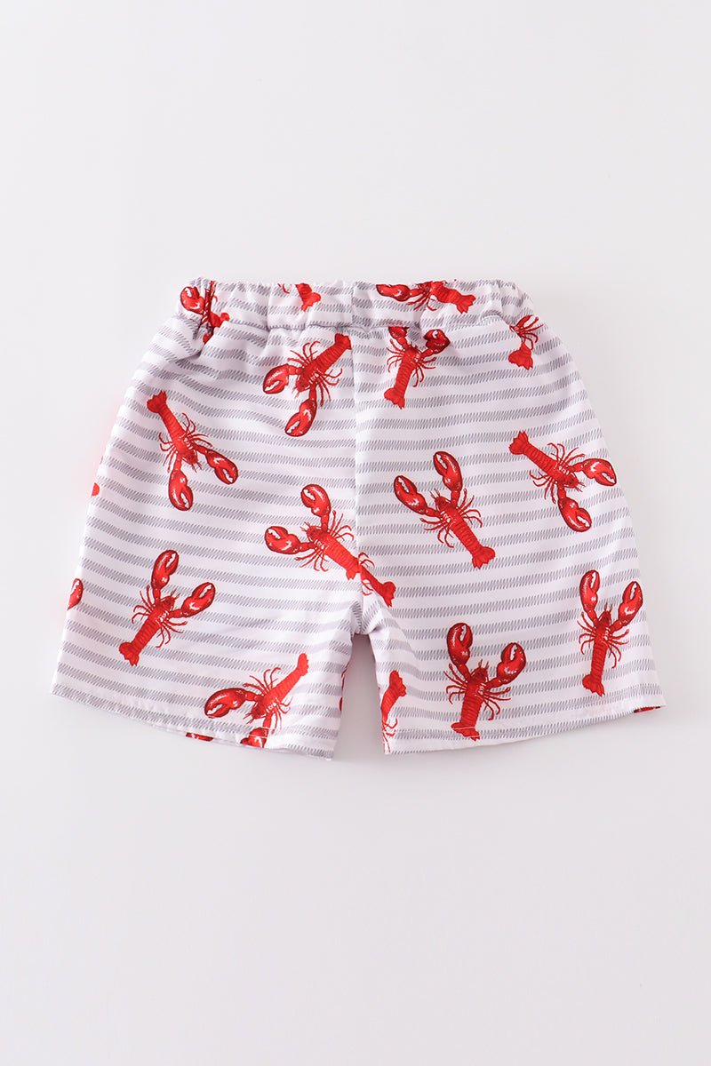 🦞 Boys' Lobster Swim Trunks – Red Lobster Print on Gray & White Striped Shorts - Blue Marc