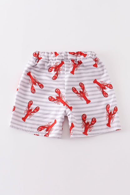 🦞 Boys' Lobster Swim Trunks – Red Lobster Print on Gray & White Striped Shorts - Blue Marc