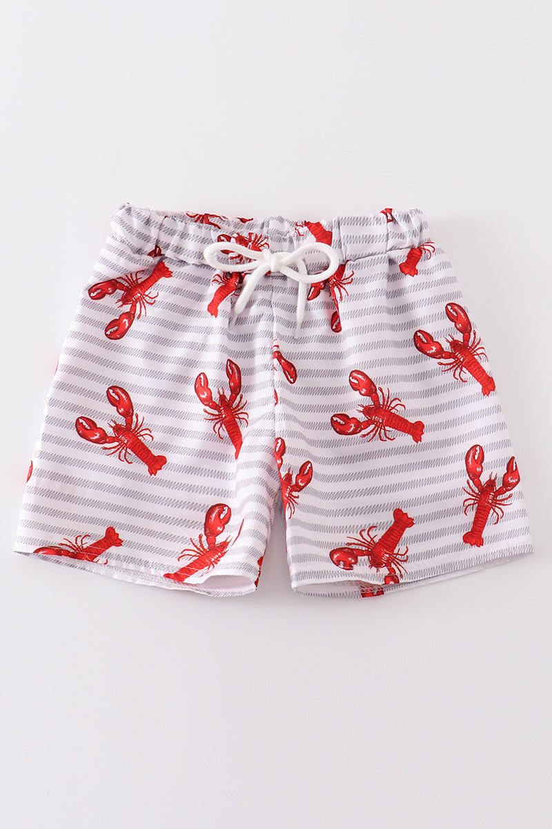 🦞 Boys' Lobster Swim Trunks – Red Lobster Print on Gray & White Striped Shorts - Blue Marc