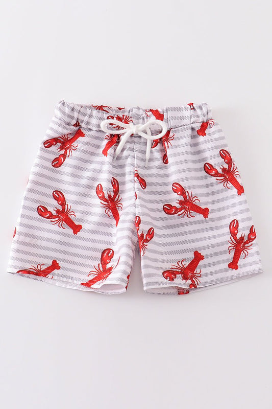 🦞 Boys' Lobster Swim Trunks – Red Lobster Print on Gray & White Striped Shorts - Blue Marc