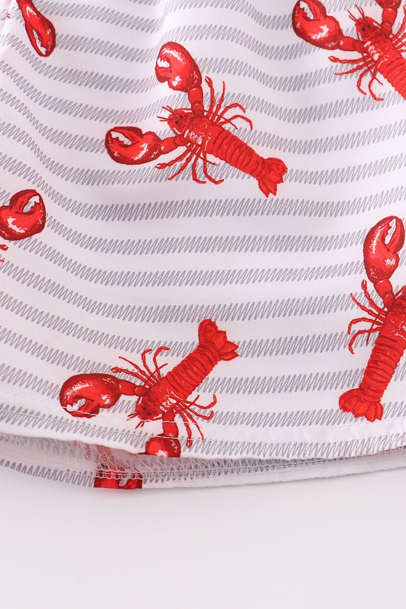 🦞 Boys' Lobster Swim Trunks – Red Lobster Print on Gray & White Striped Shorts - Blue Marc