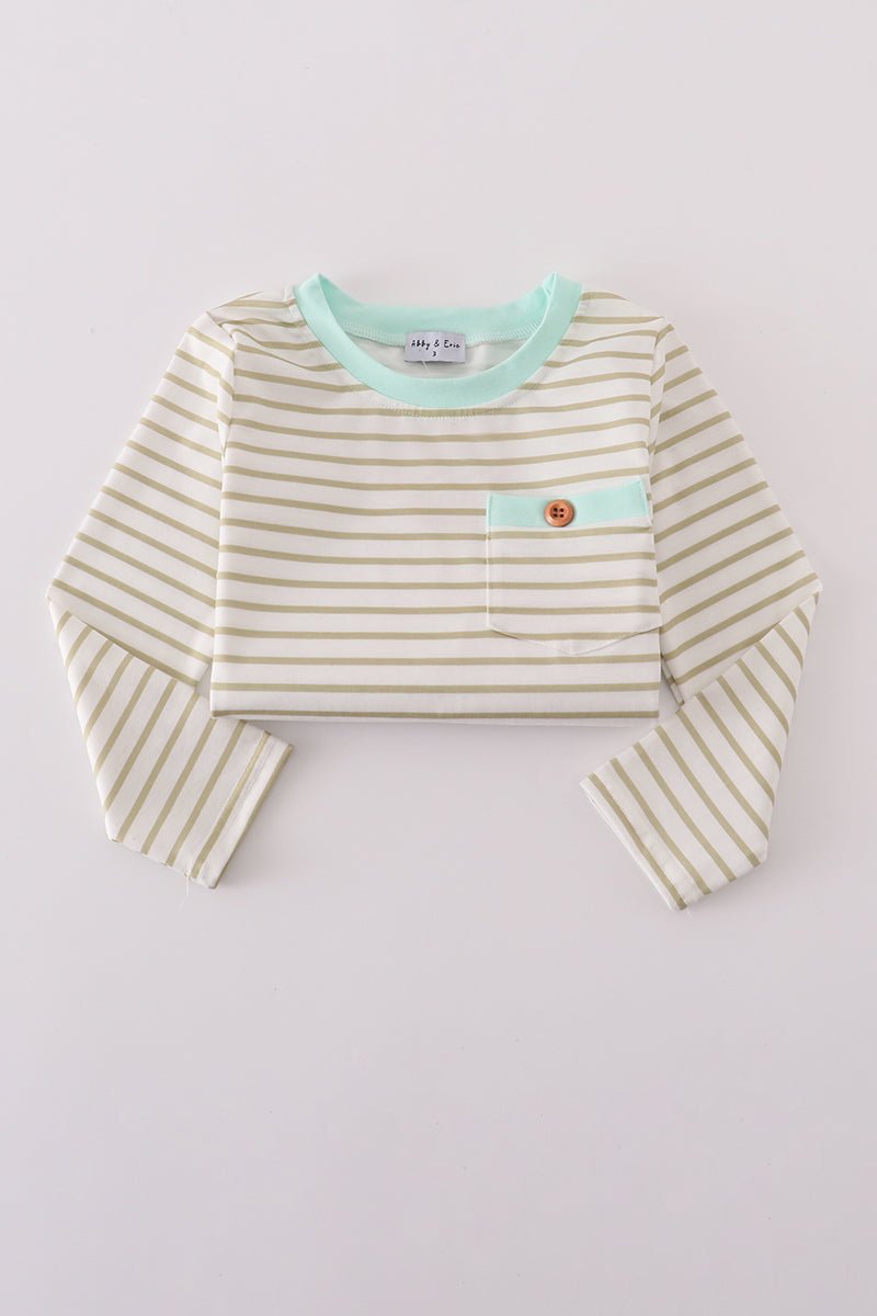 Boys Long Sleeve Stripe Tee with Mint Pocket Accent - Blue Marc