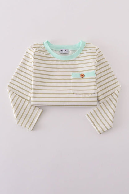 Boys Long Sleeve Stripe Tee with Mint Pocket Accent - Blue Marc