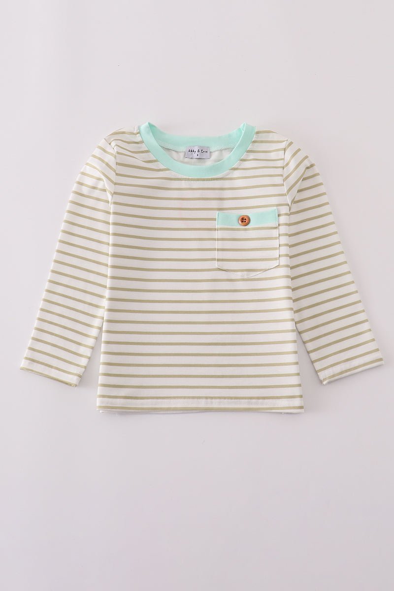 Boys Long Sleeve Stripe Tee with Mint Pocket Accent - Blue Marc