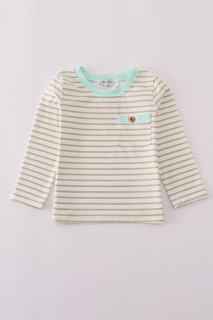 Boys Long Sleeve Stripe Tee with Mint Pocket Accent - Blue Marc