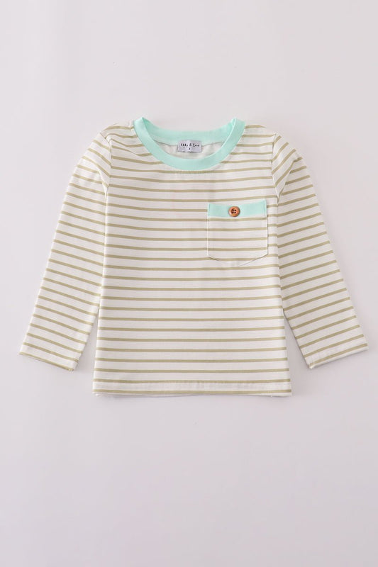 Boys Long Sleeve Stripe Tee with Mint Pocket Accent - Blue Marc
