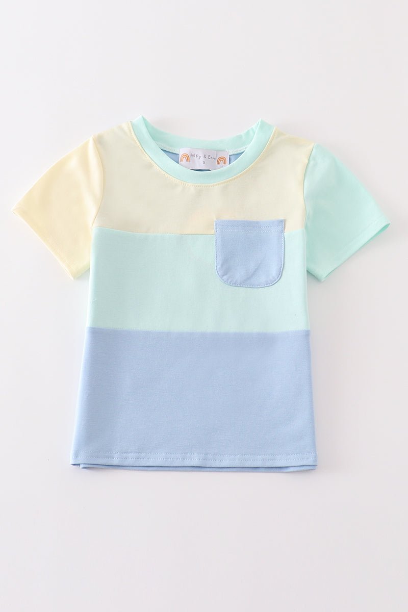 Boys' Pastel Colorblock Pocket T-Shirt – Soft Yellow, Mint & Blue Tee - Blue Marc