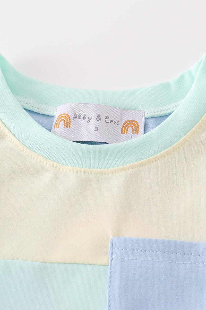 Boys' Pastel Colorblock Pocket T-Shirt – Soft Yellow, Mint & Blue Tee - Blue Marc