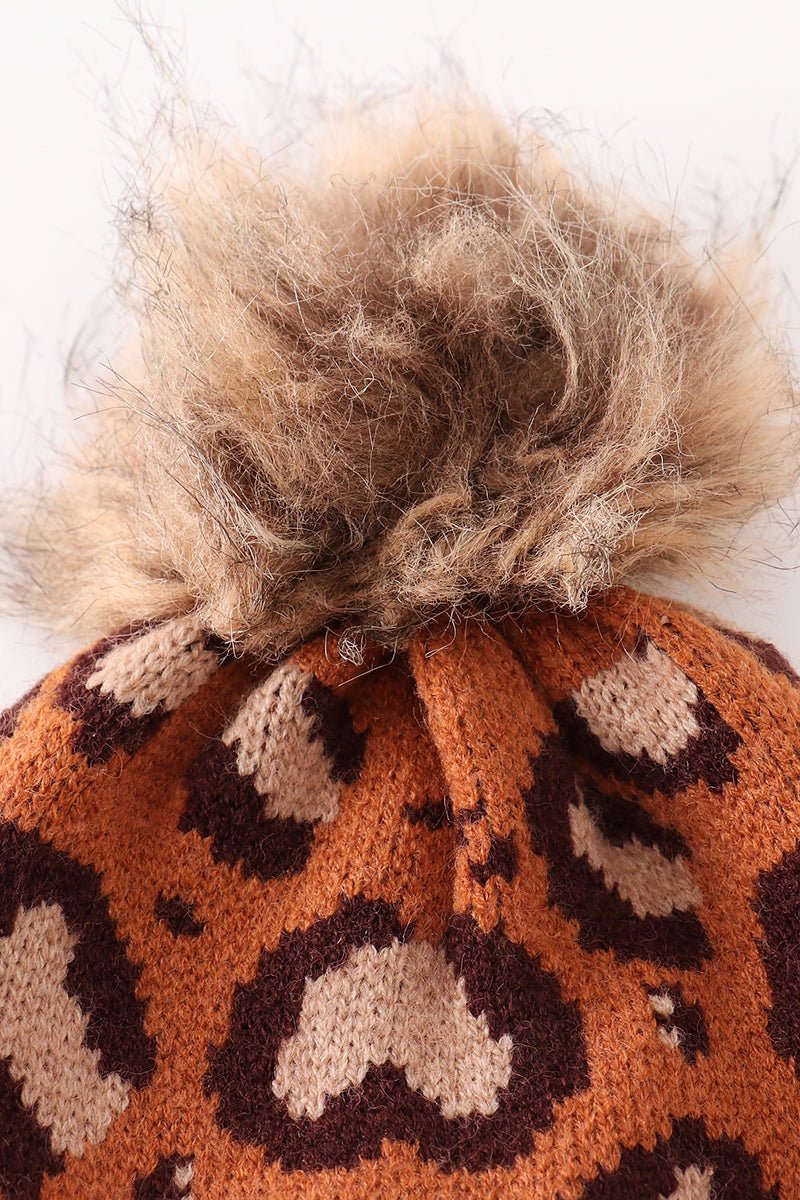 Brown Leopard Knit Beanies with Faux Fur Pom – Cozy Winter Hats for Kids and Adults - Blue Marc