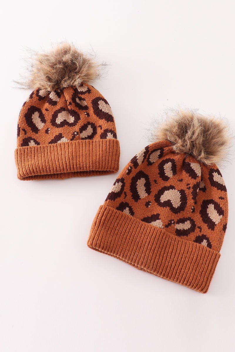 Brown Leopard Knit Beanies with Faux Fur Pom – Cozy Winter Hats for Kids and Adults - Blue Marc