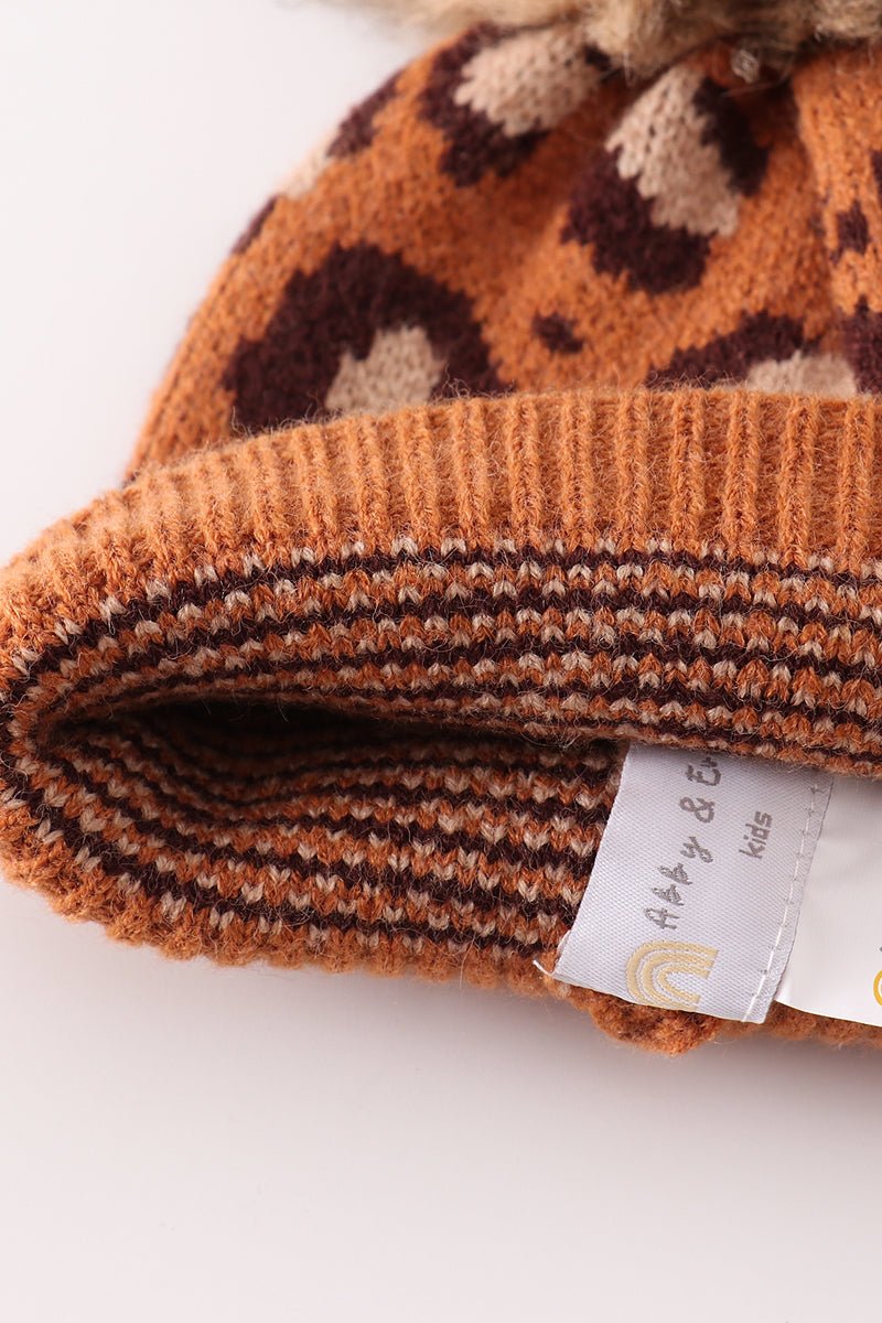 Brown Leopard Knit Beanies with Faux Fur Pom – Cozy Winter Hats for Kids and Adults - Blue Marc