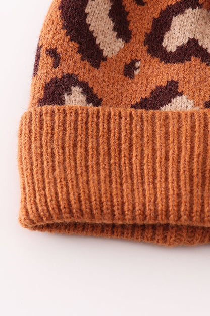 Brown Leopard Knit Beanies with Faux Fur Pom – Cozy Winter Hats for Kids and Adults - Blue Marc