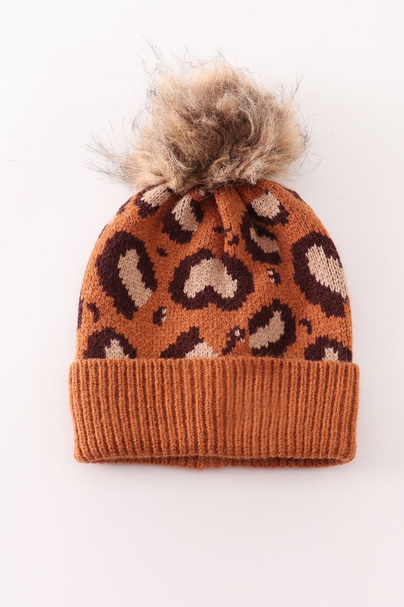 Brown Leopard Knit Beanies with Faux Fur Pom – Cozy Winter Hats for Kids and Adults - Blue Marc