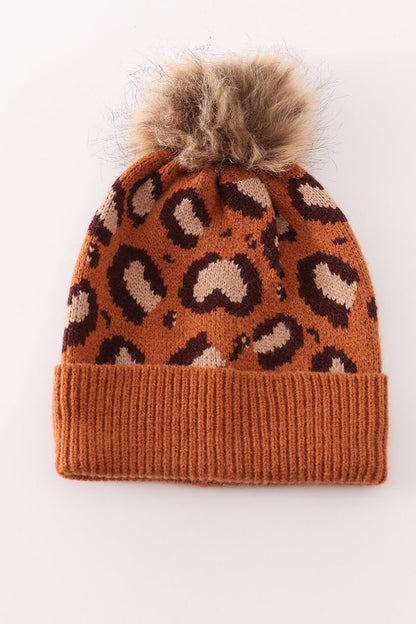 Brown Leopard Knit Beanies with Faux Fur Pom – Cozy Winter Hats for Kids and Adults - Blue Marc