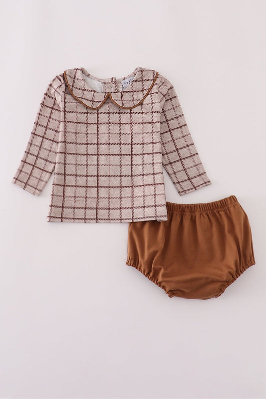 Brown Plaid Baby Girl Fall Outfit Set – Top & Bloomers - Blue Marc