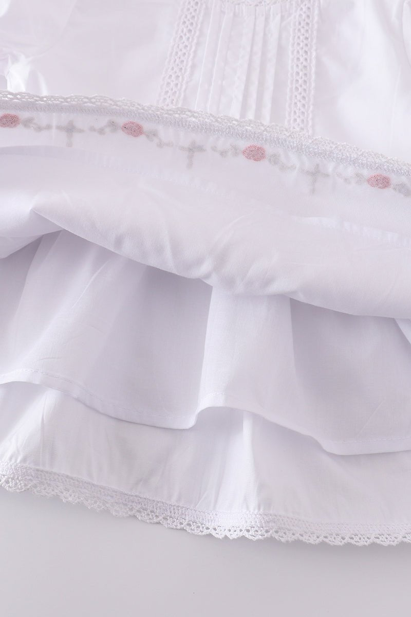Cherry Blossom Baby Girl Set – Embroidered White Dress with Bloomers - Blue Marc