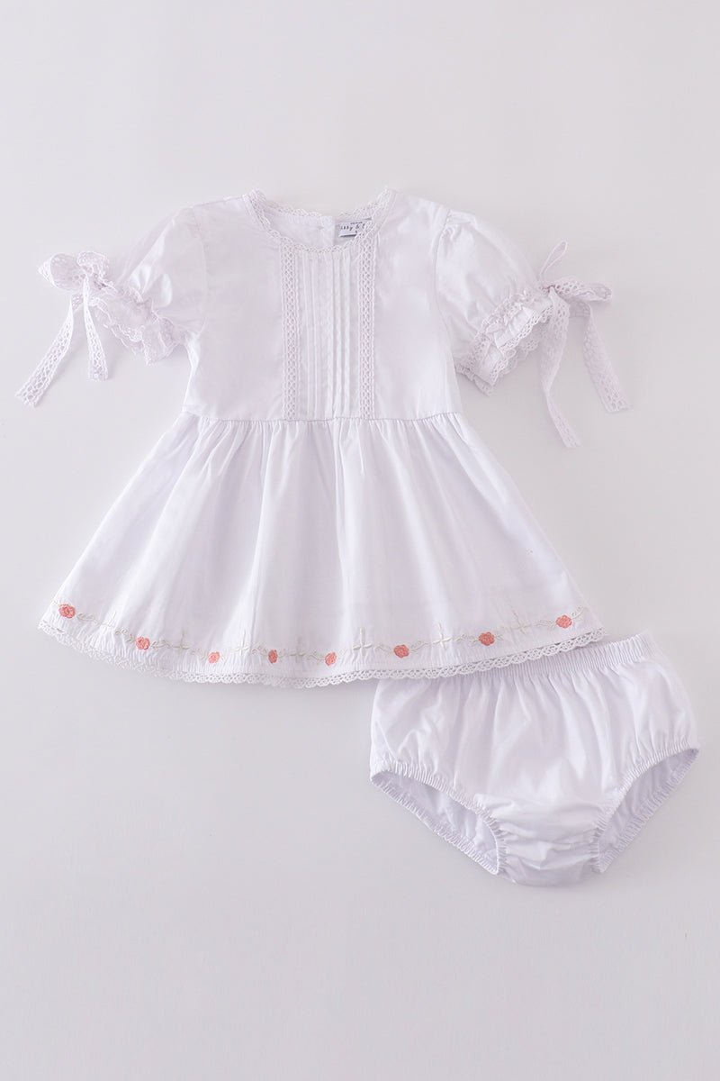 Cherry Blossom Baby Girl Set – Embroidered White Dress with Bloomers - Blue Marc