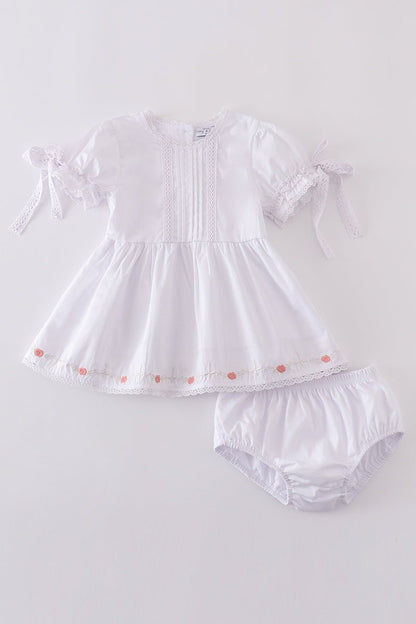Cherry Blossom Baby Girl Set – Embroidered White Dress with Bloomers - Blue Marc