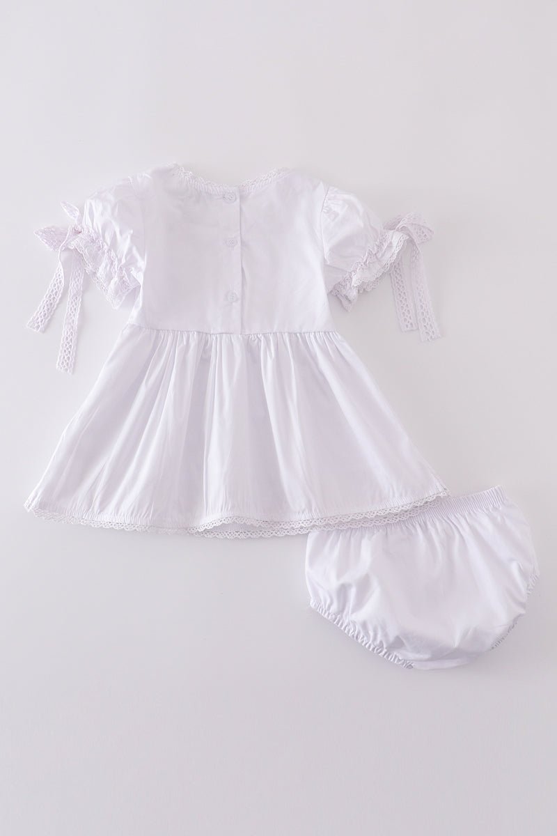 Cherry Blossom Baby Girl Set – Embroidered White Dress with Bloomers - Blue Marc