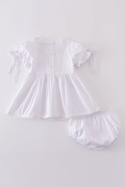 Cherry Blossom Baby Girl Set – Embroidered White Dress with Bloomers - Blue Marc
