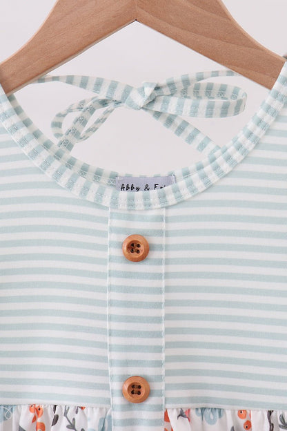 Chic Striped Floral Long Sleeve Dress for Girls – Ruffle Hem Fall Outfit - Blue Marc