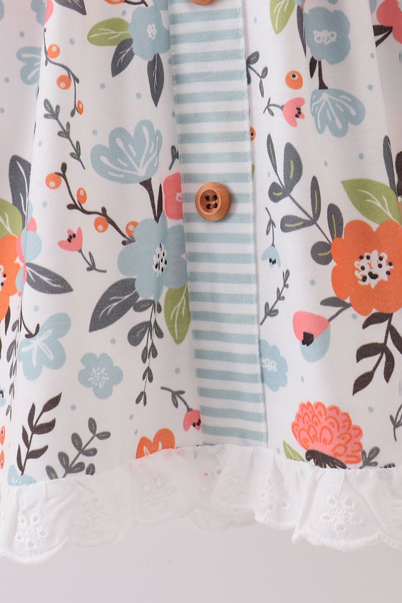 Chic Striped Floral Long Sleeve Dress for Girls – Ruffle Hem Fall Outfit - Blue Marc