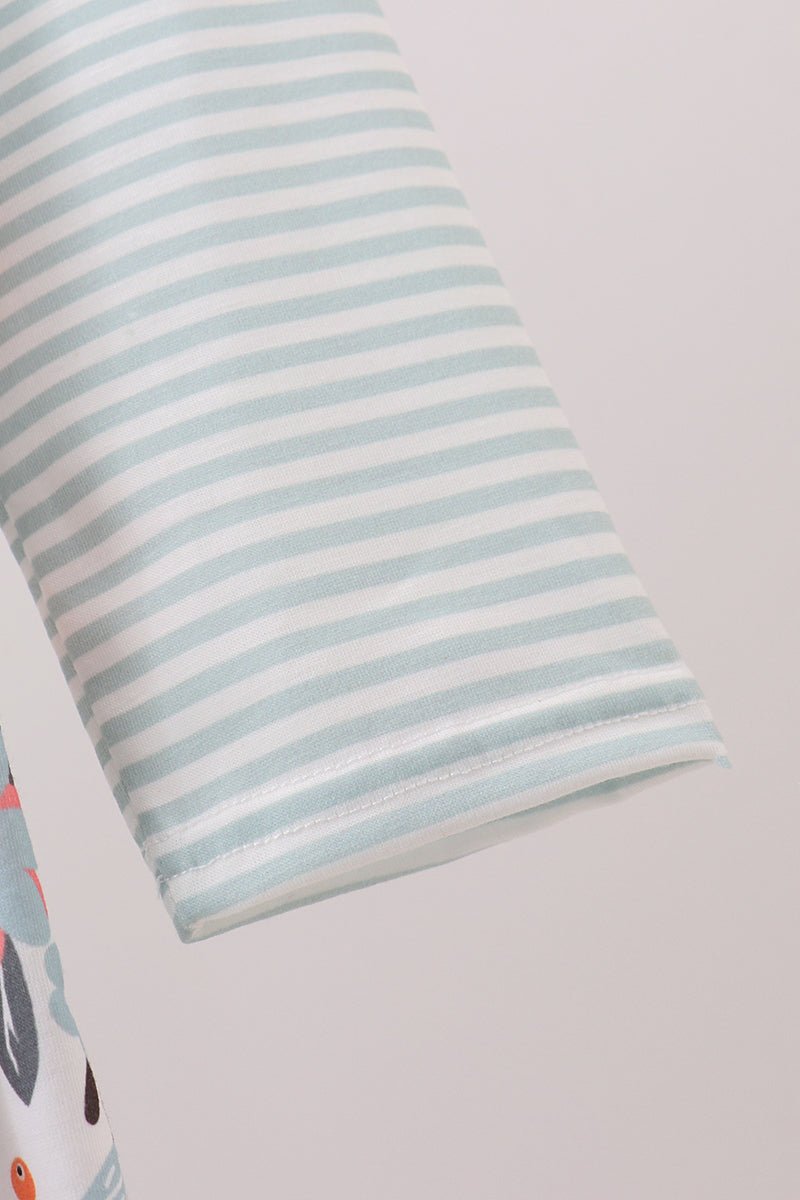 Chic Striped Floral Long Sleeve Dress for Girls – Ruffle Hem Fall Outfit - Blue Marc