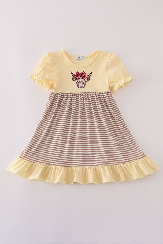 Country Sweetheart Girls Dress – Cow Appliqué & Ruffle Hem Style - Blue Marc