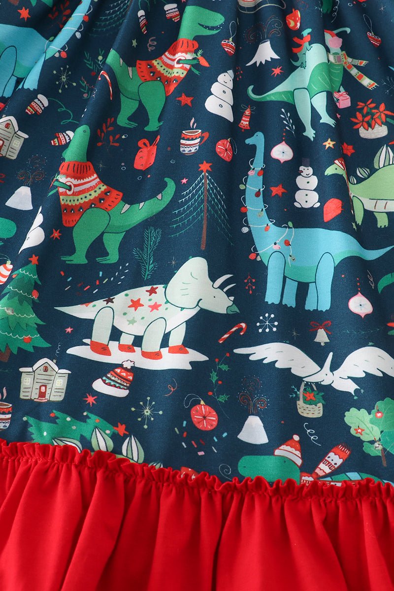 Dino Dreams: Girls Holiday Gown with Festive Flair! - Blue Marc
