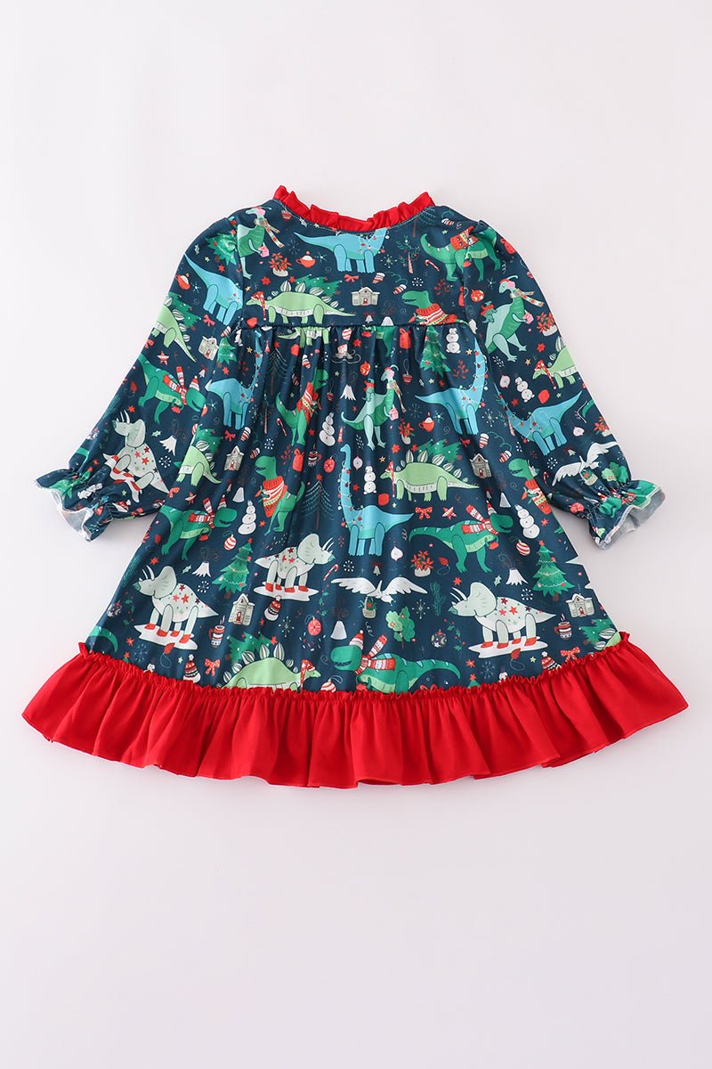 Dino Dreams: Girls Holiday Gown with Festive Flair! - Blue Marc