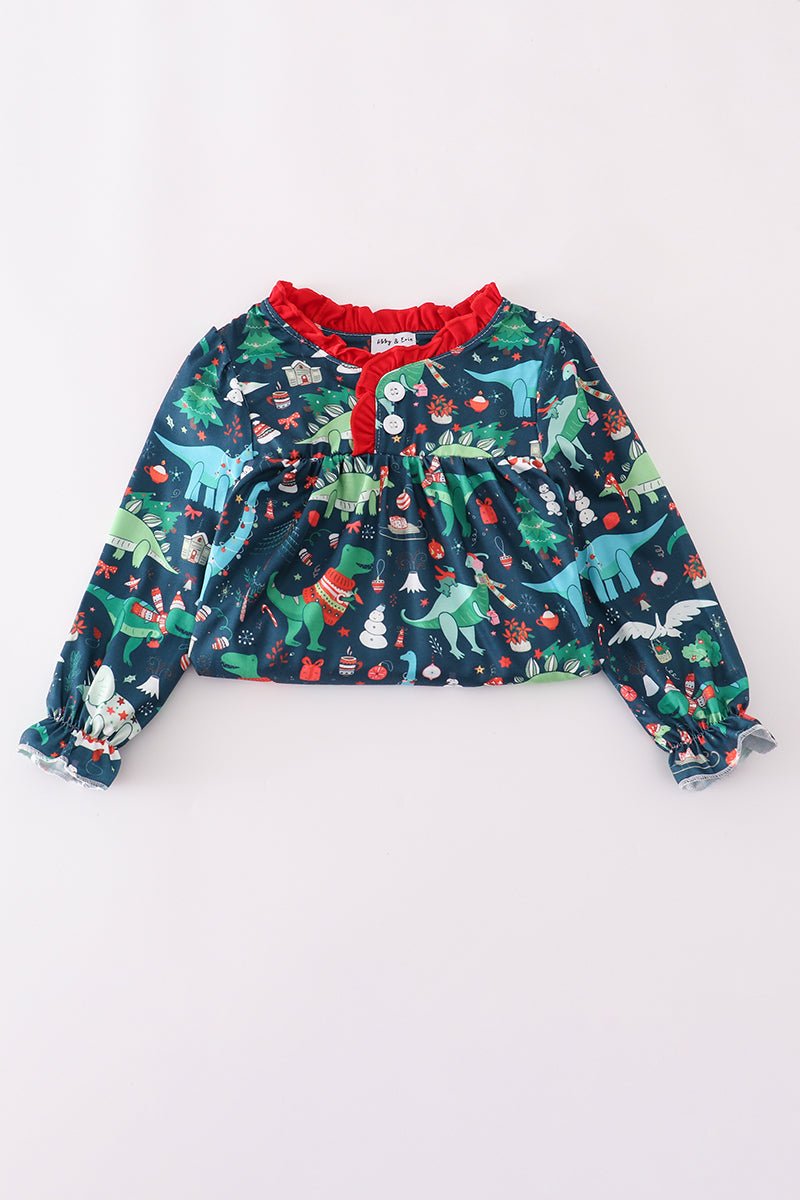 Dino Dreams: Girls Holiday Gown with Festive Flair! - Blue Marc
